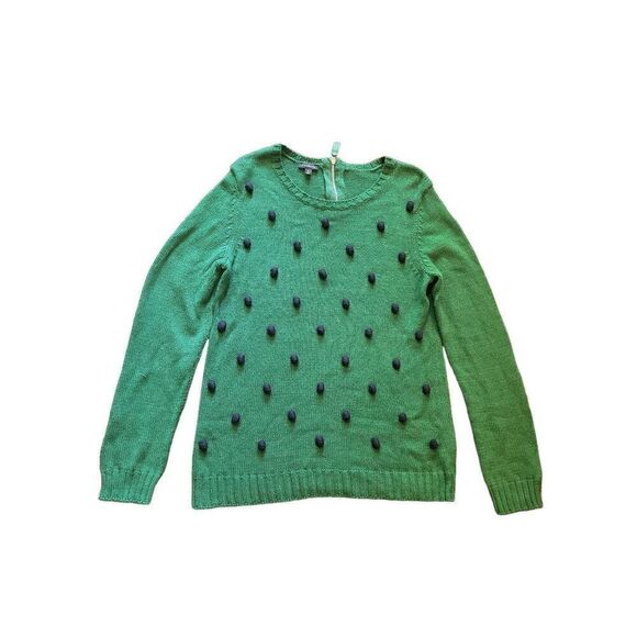 Talbots Sweaters - Talbots Sweater Women's Medium Green Pom Pom Zip Back Cotton Knit Crew